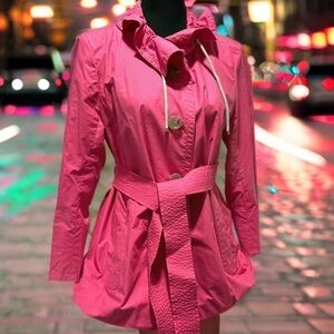J. Crew Trench Coat Hot Pink Lightweight Lined Belted Ruffled Collar L EUC